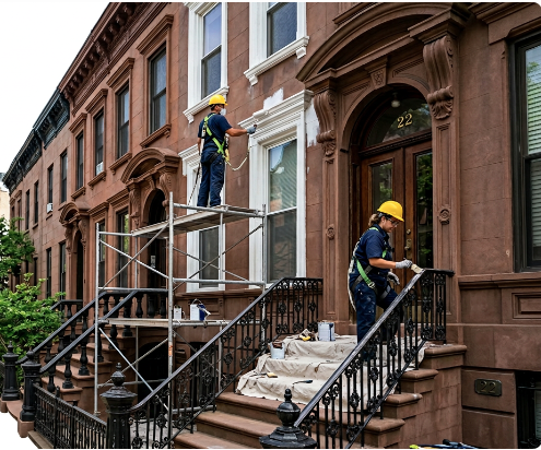 Exterior painting on a brownstone